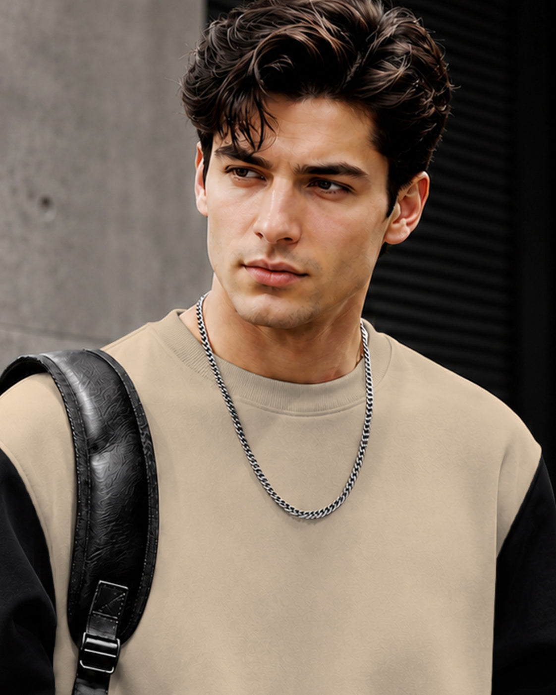 Mens Contrast Sleeve Round Neck Sweatshirt Beige