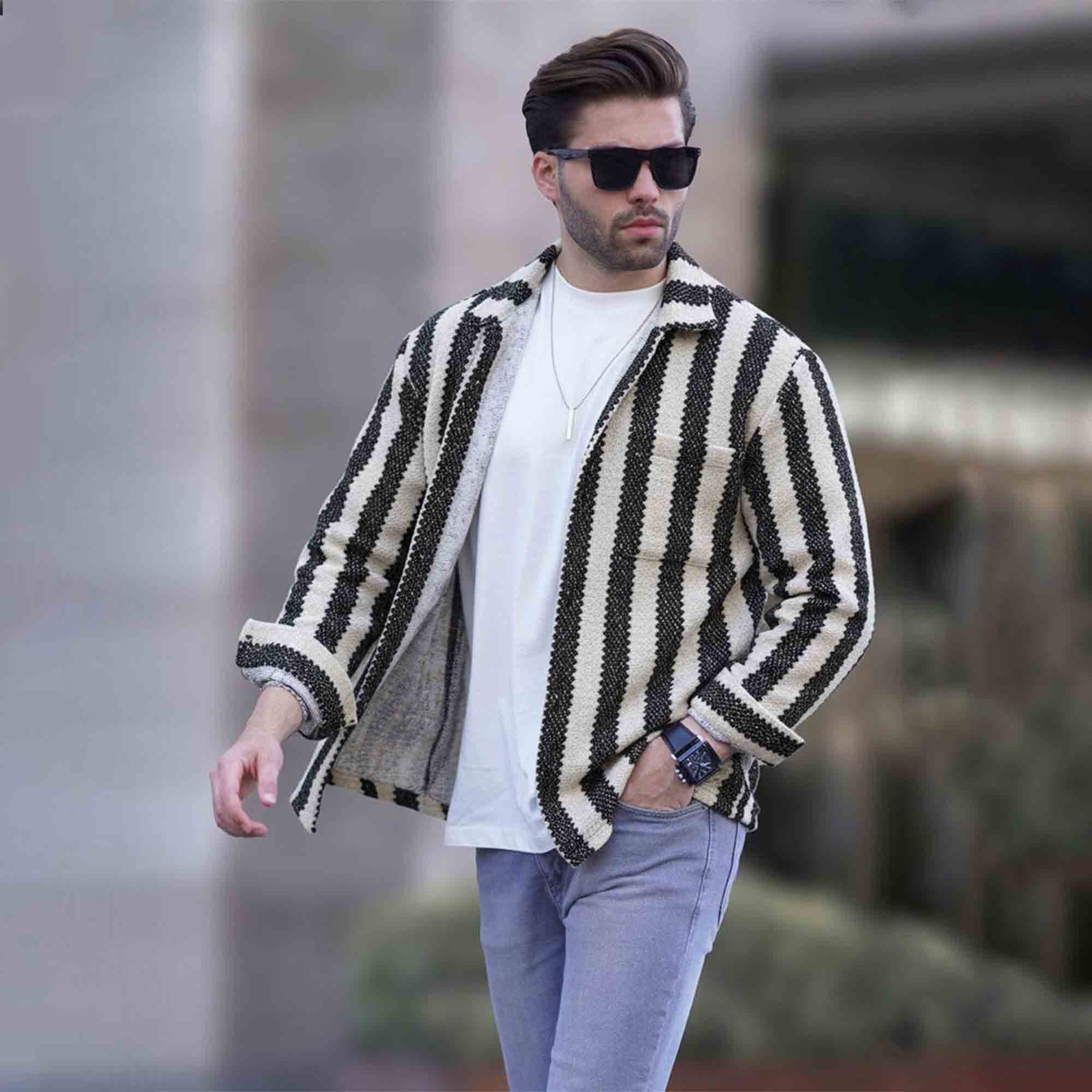 Mens Textured Striped Button Full Sleeve Shirt Beige & Black