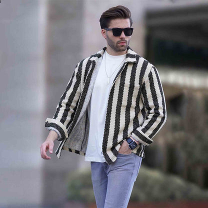 Mens Textured Striped Button Full Sleeve Shirt Beige & Black