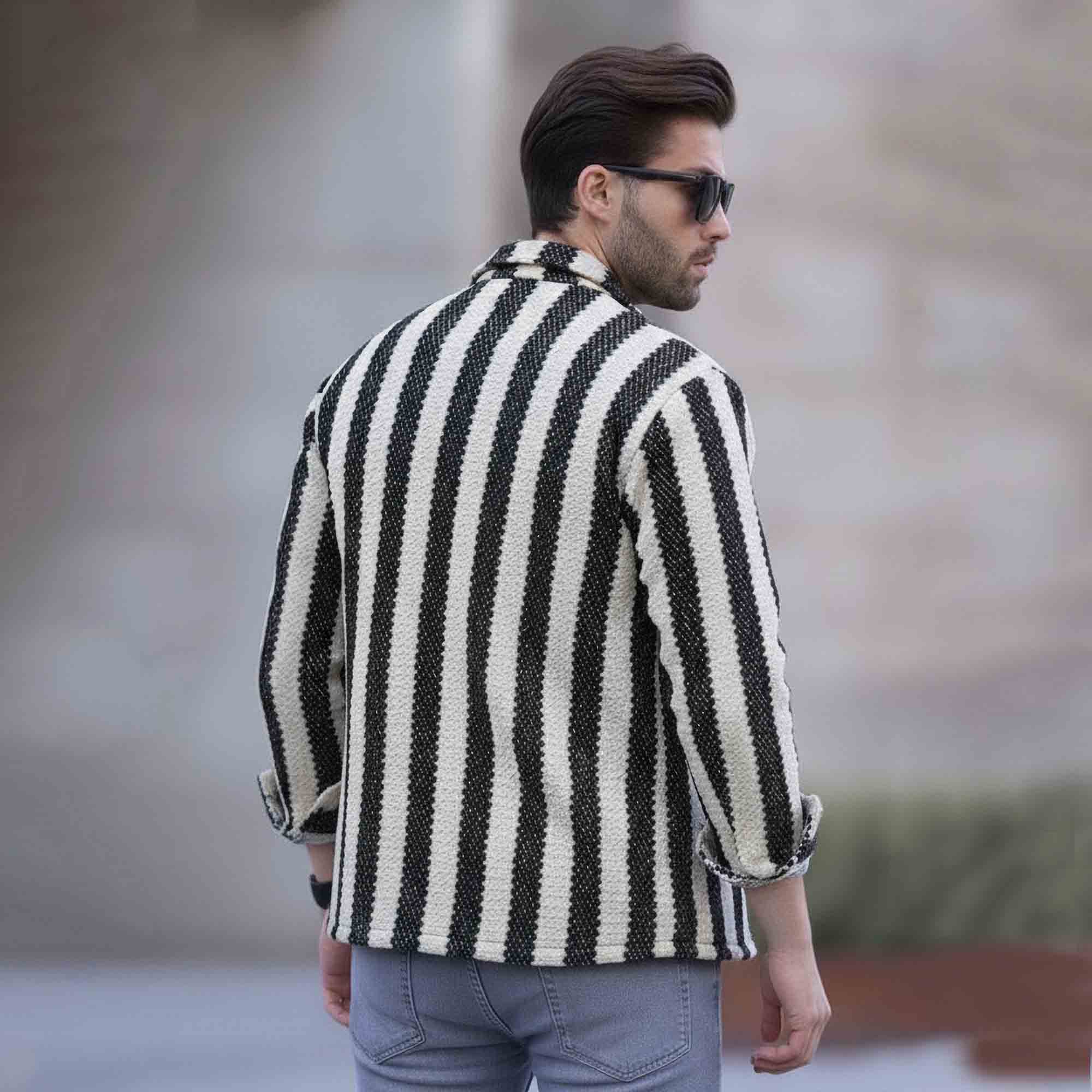 Mens Textured Striped Button Full Sleeve Shirt Beige & Black