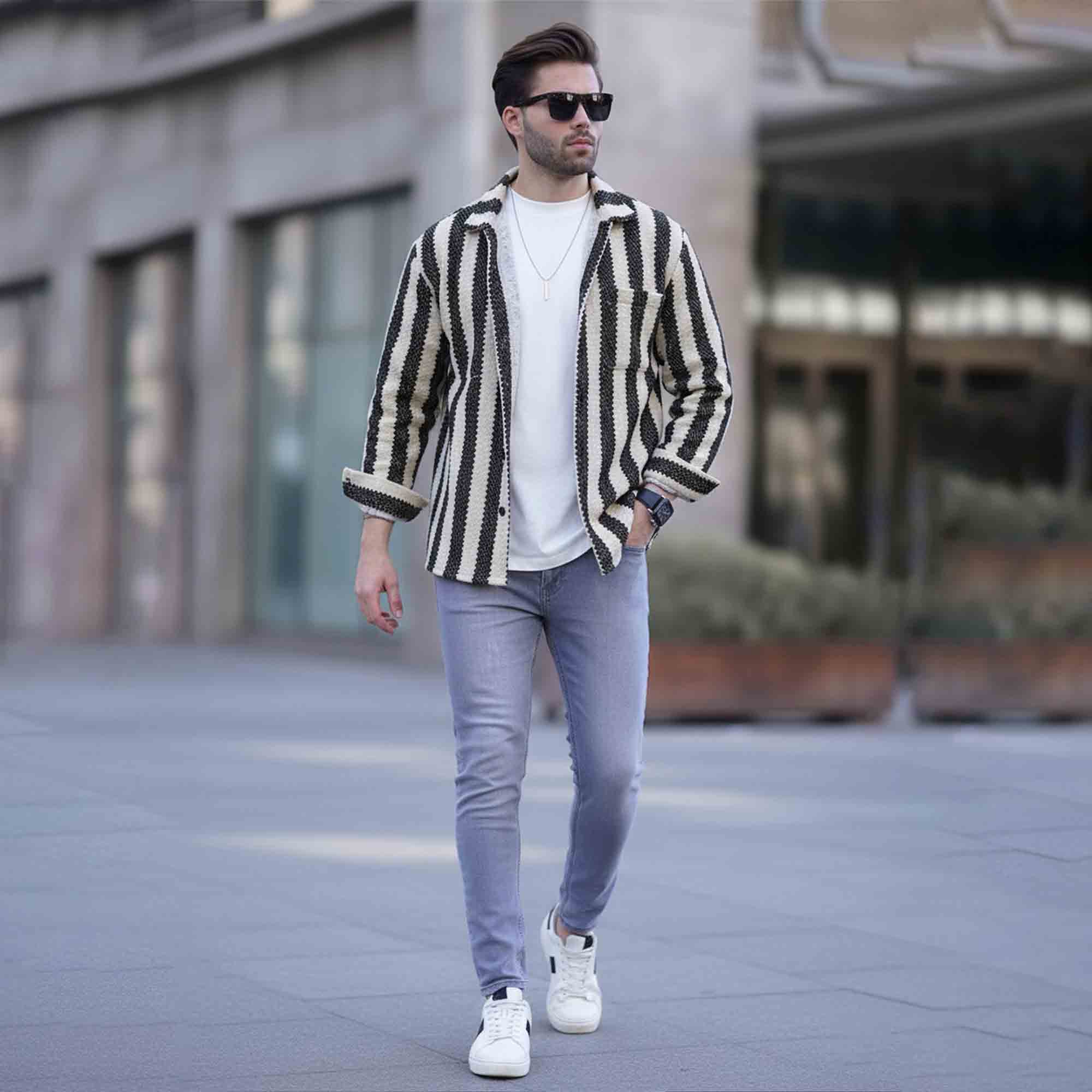 Mens Textured Striped Button Full Sleeve Shirt Beige & Black