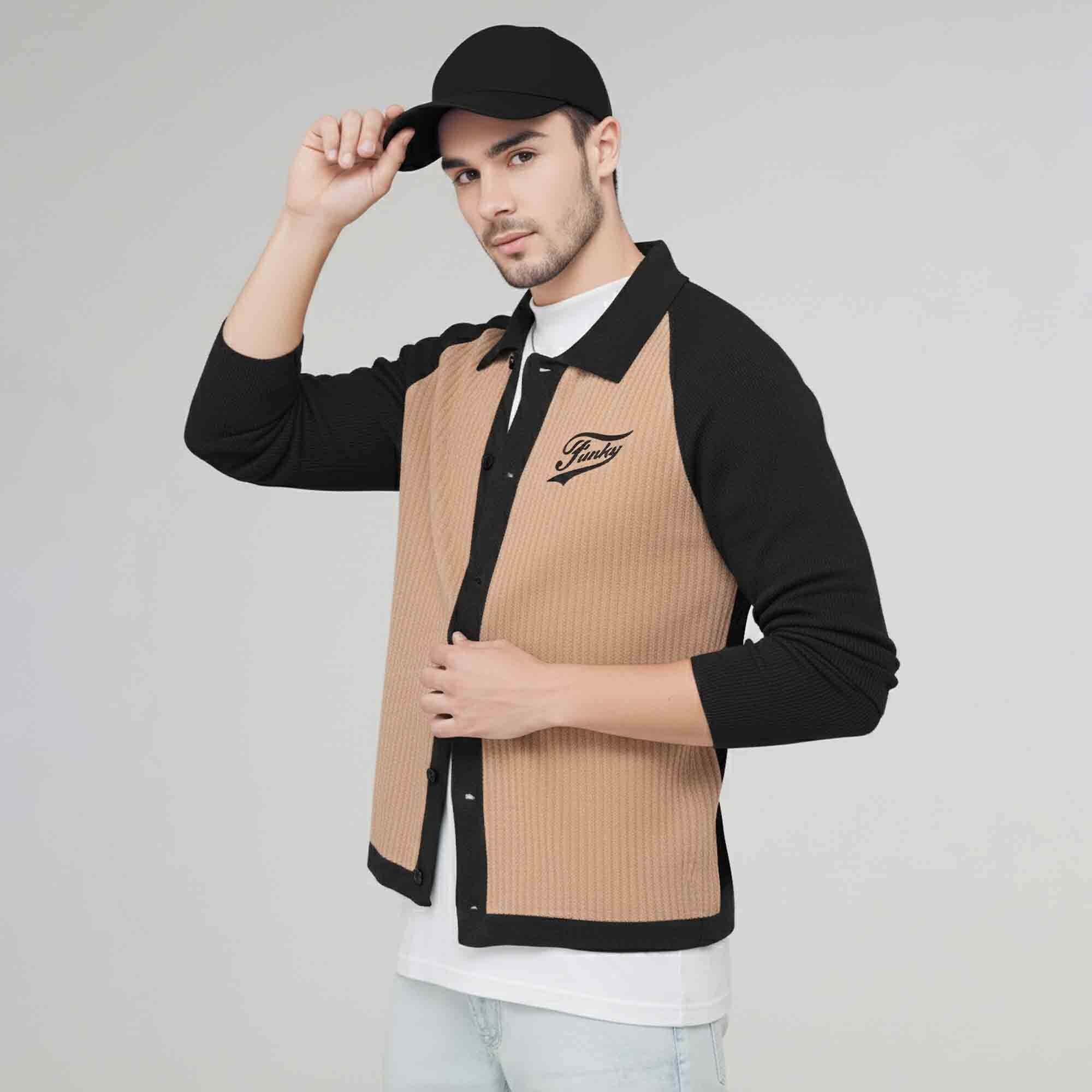 Men Smart Casual Dual Color Full Sleeve Textured Shirt Beige & Black