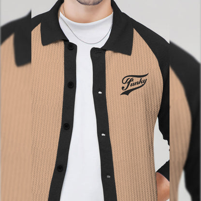 Men Smart Casual Dual Color Full Sleeve Textured Shirt Beige & Black
