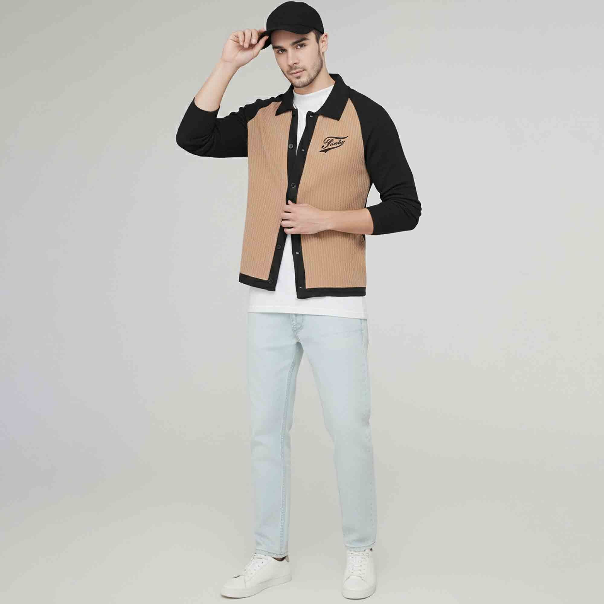 Men Smart Casual Dual Color Full Sleeve Textured Shirt Beige & Black