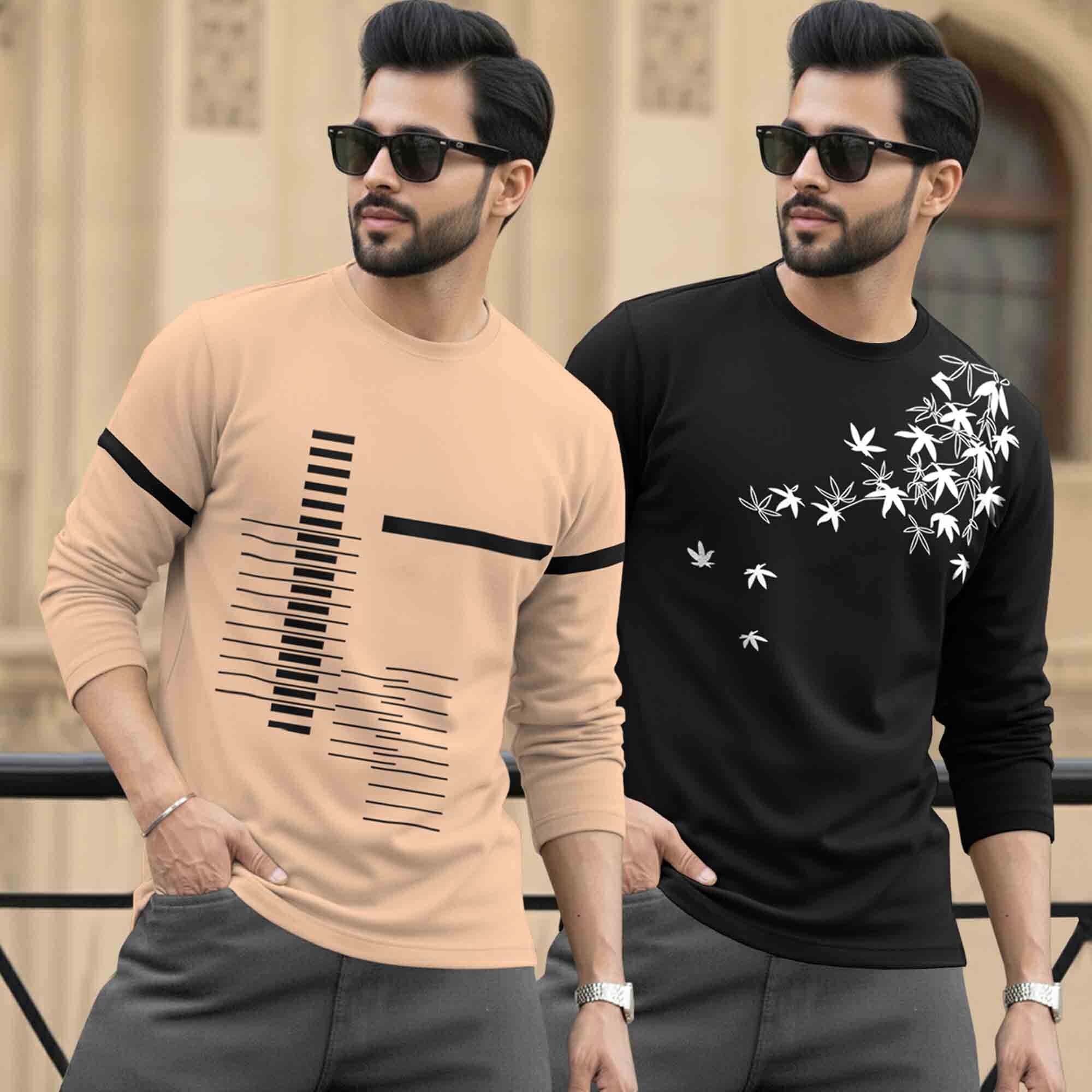 (Pack Of 2) Full Sleeve Round Neck Printed T-shirts Beige & Black