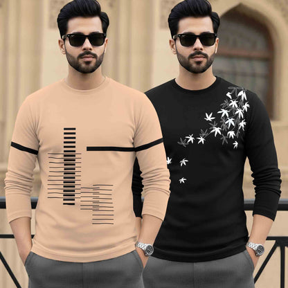(Pack Of 2) Full Sleeve Round Neck Printed T-shirts Beige & Black