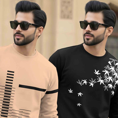 (Pack Of 2) Full Sleeve Round Neck Printed T-shirts Beige & Black
