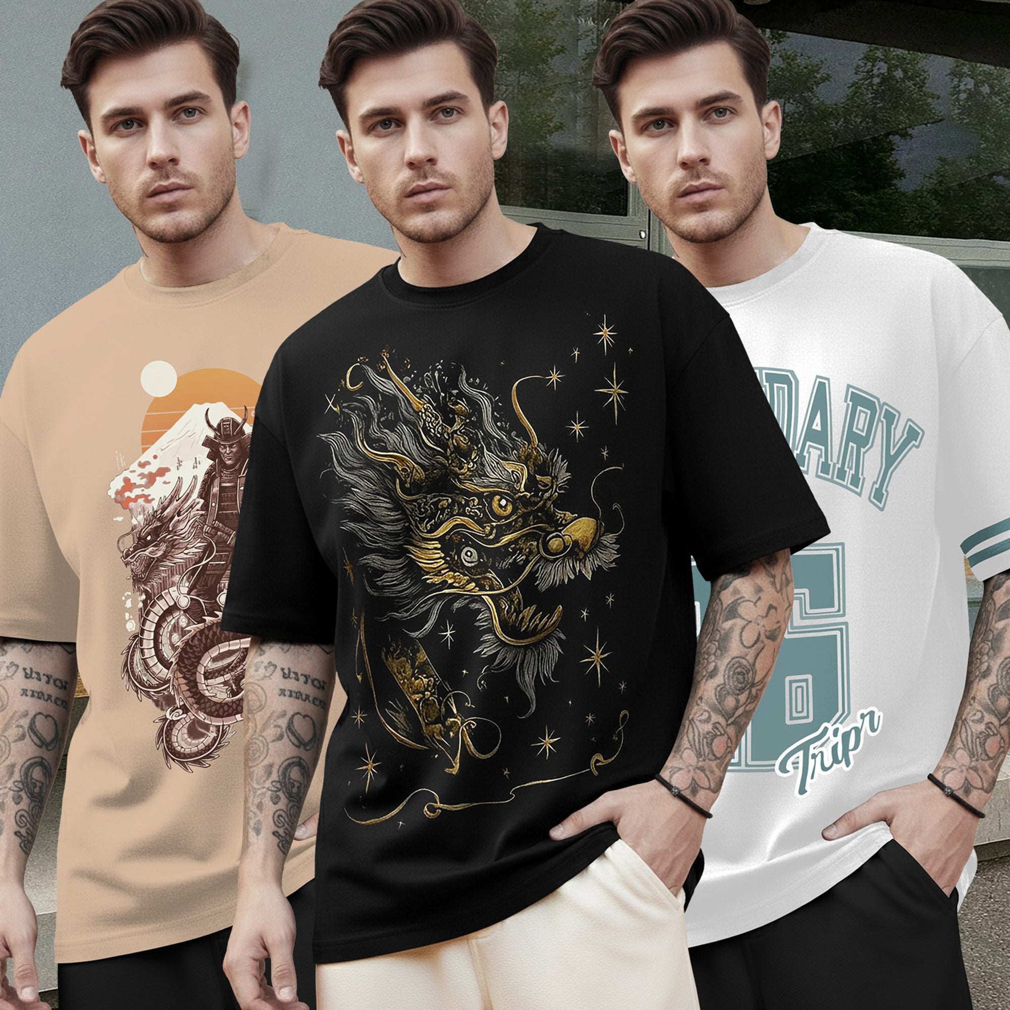 (Pack Of 3) Mens Oversized Graphic Design Back Printed T-Shirts