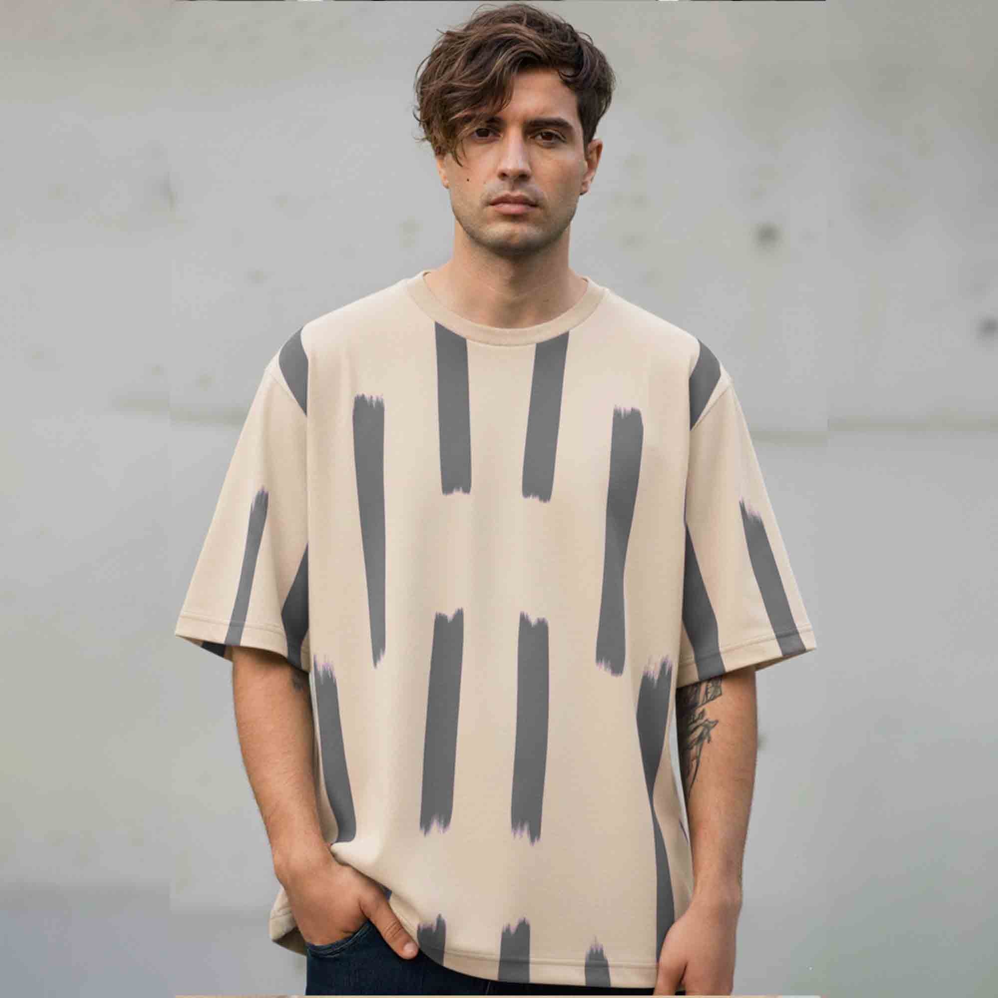 Men Printed Oversized Tshirt Beige