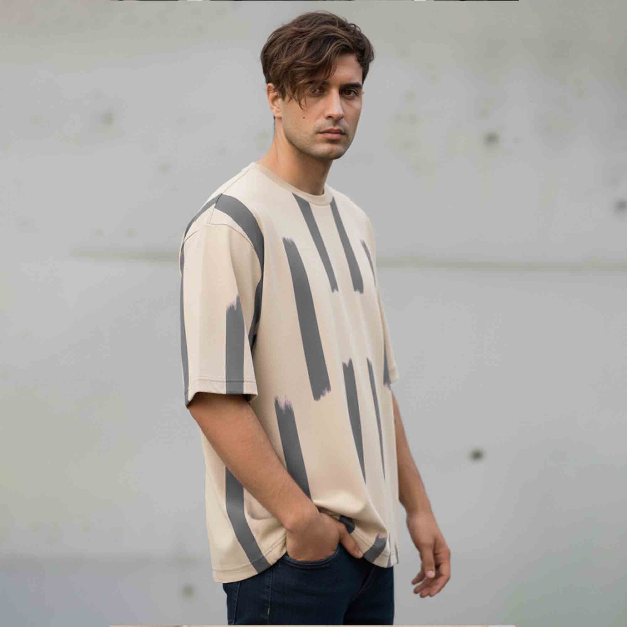 Men Printed Oversized Tshirt Beige