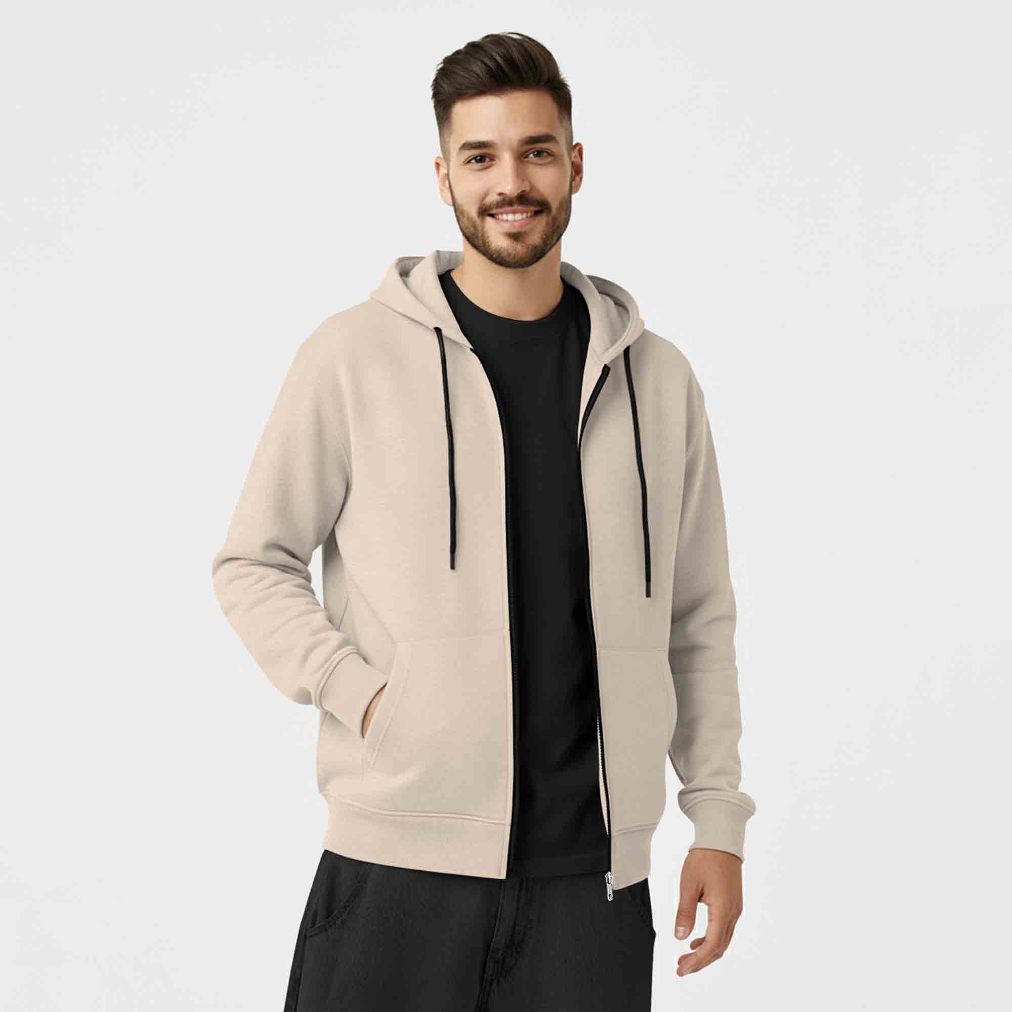 Mens Solid Full Sleeve Zip-Up Hooded Jacket Beige