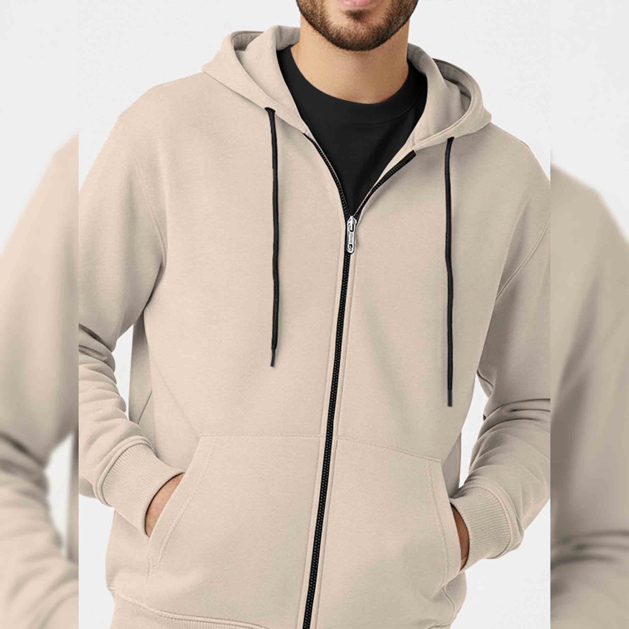 Mens Solid Full Sleeve Zip-Up Hooded Jacket Beige