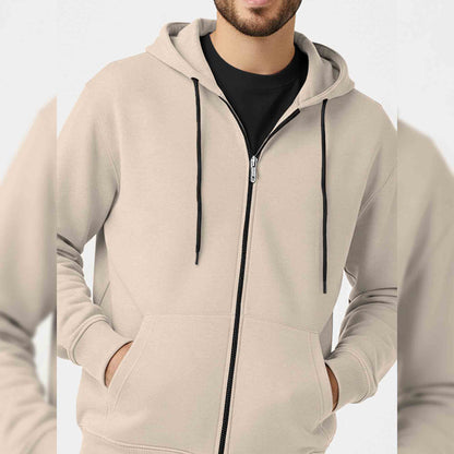 Mens Solid Full Sleeve Zip-Up Hooded Jacket Beige