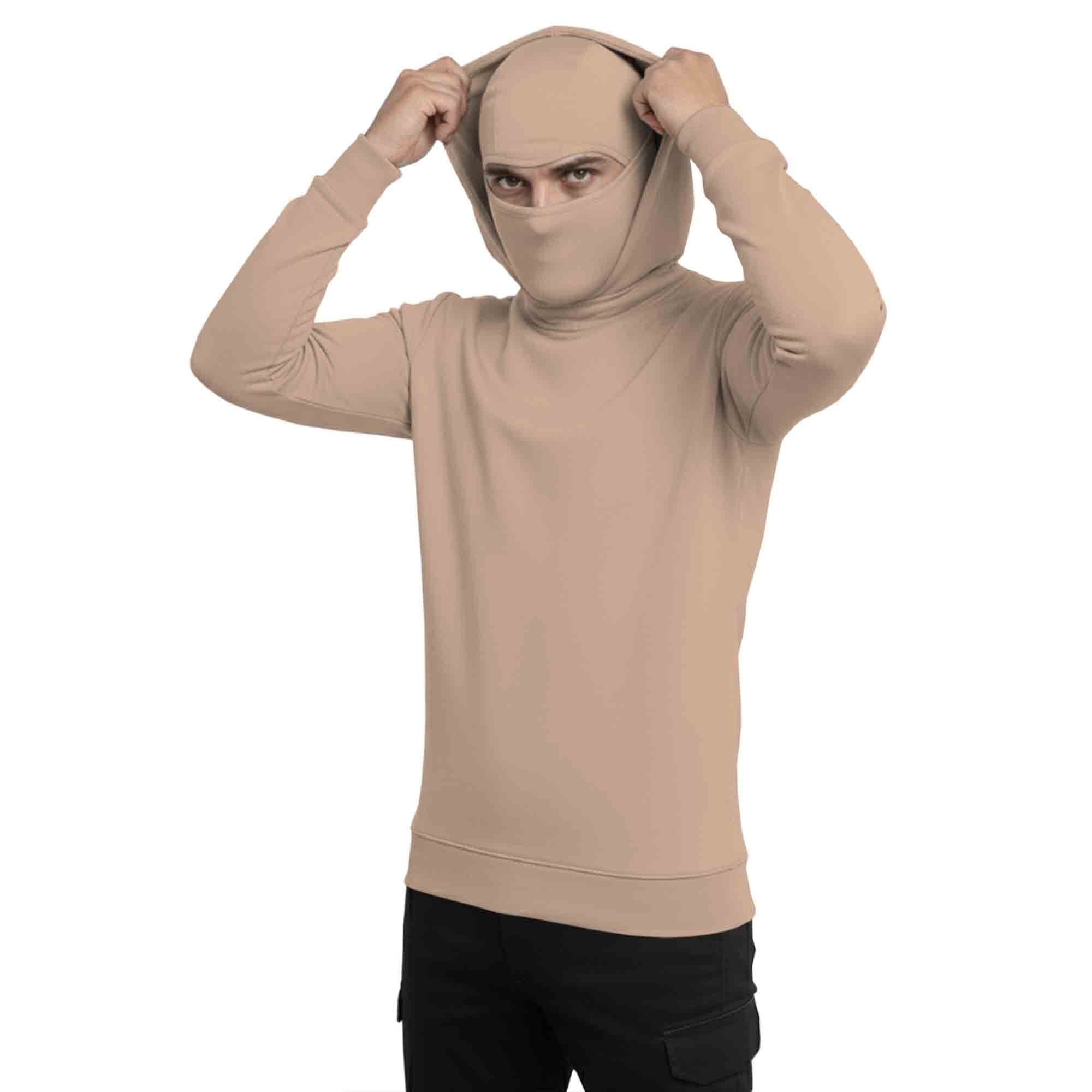Men Solid Hooded Neck Cotton Blend Beige T-Shirt