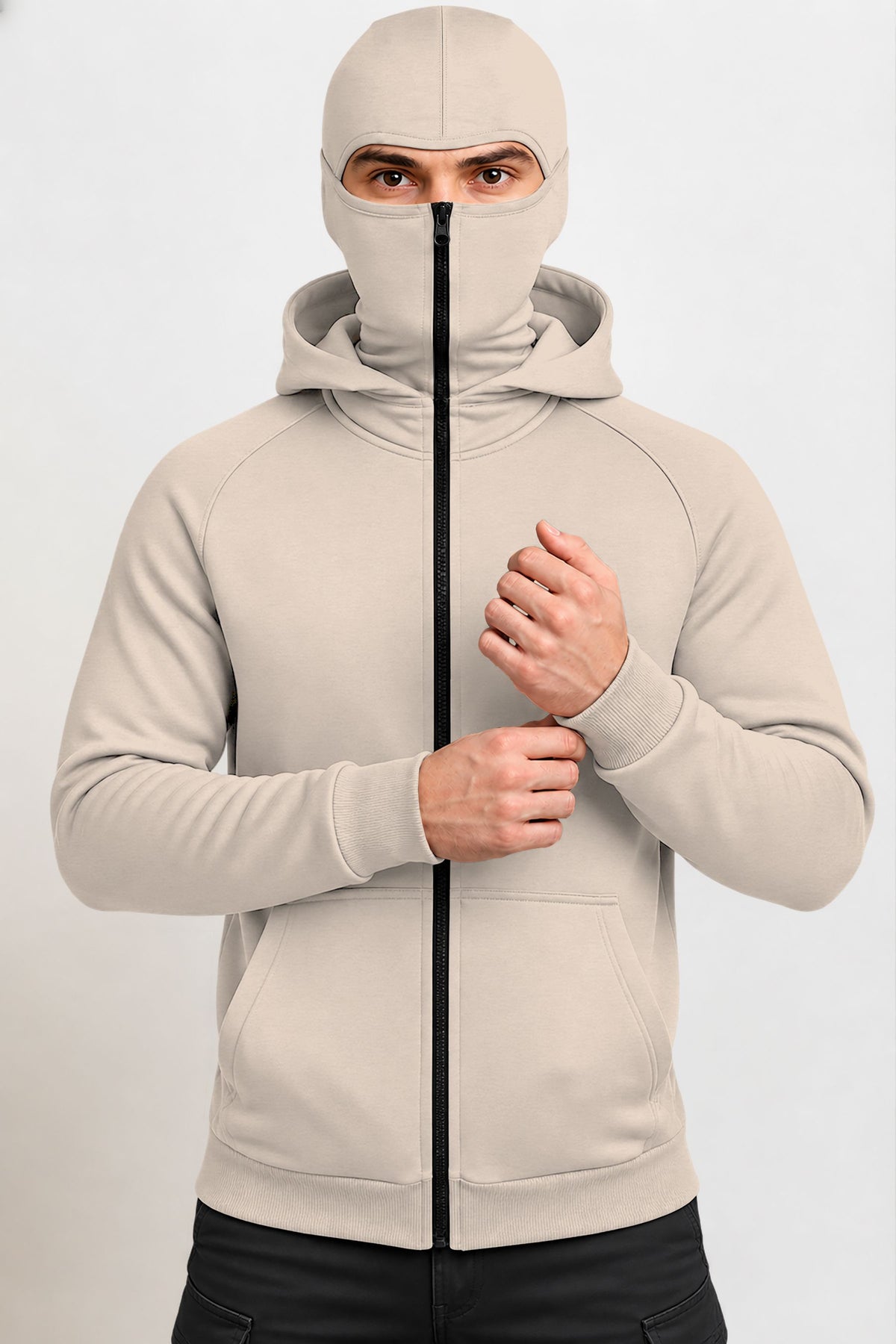 Full Sleeve Hooded Neck Mask Jacket Beige
