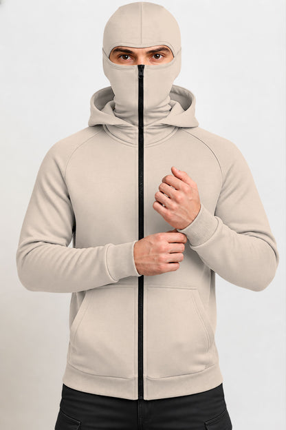 Full Sleeve Hooded Neck Mask Jacket Beige