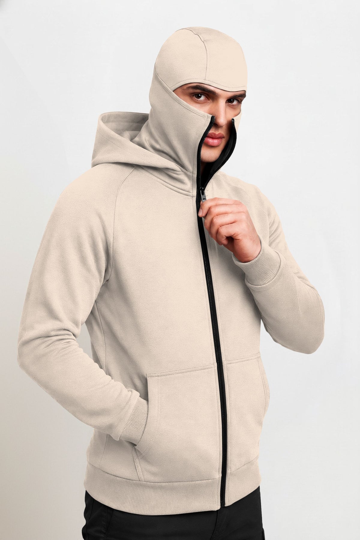 Full Sleeve Hooded Neck Mask Jacket Beige