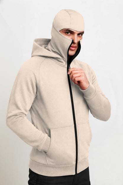 Full Sleeve Hooded Neck Mask Jacket Beige