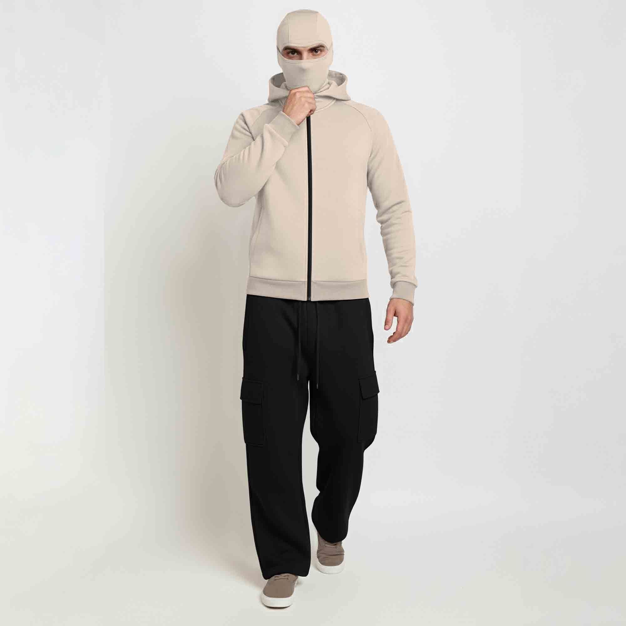 Tracksuit For Winter Mask Beige Jacket - Black Plain Baggy Cargo