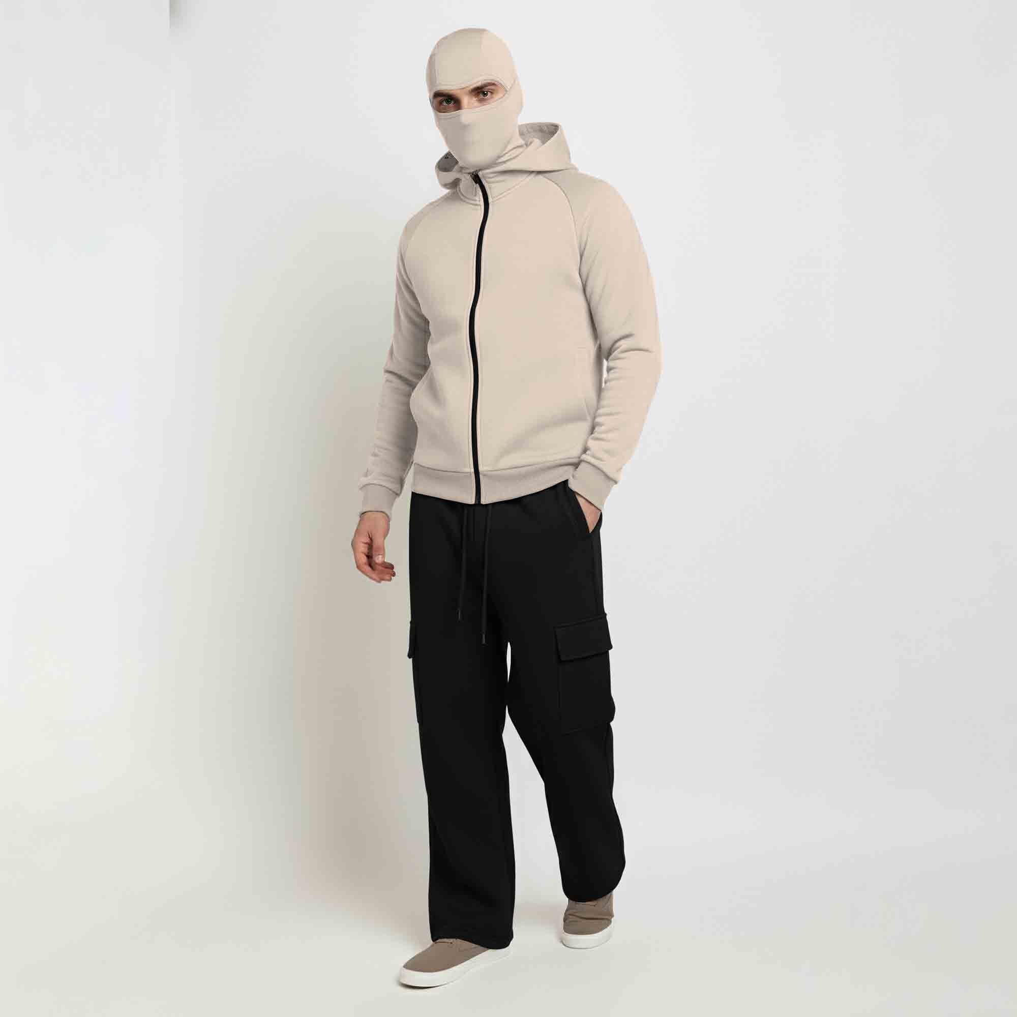 Tracksuit For Winter Mask Beige Jacket - Black Plain Baggy Cargo