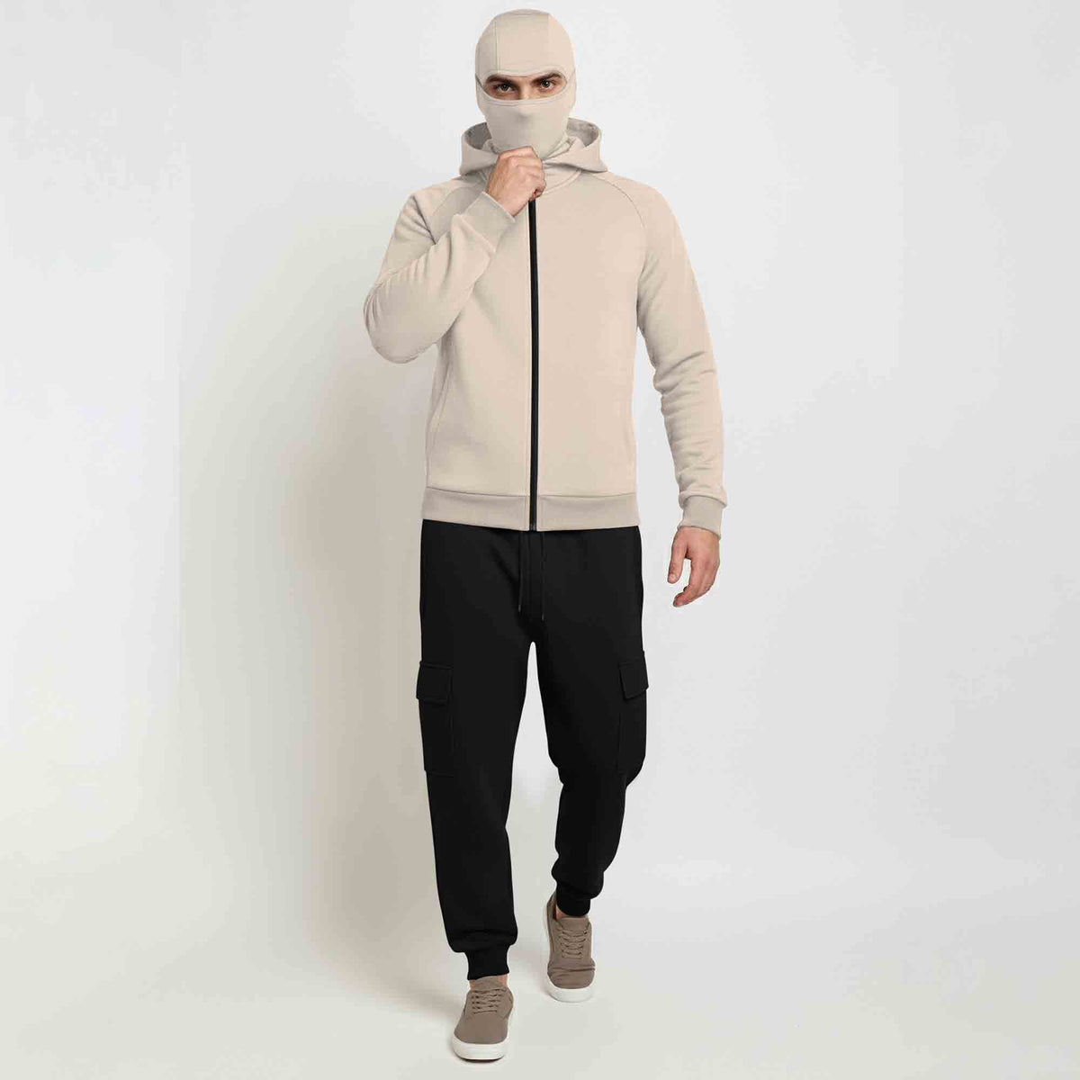 Tracksuit For Winter Mask Beige Jacket - Plain Black Cargo Pant