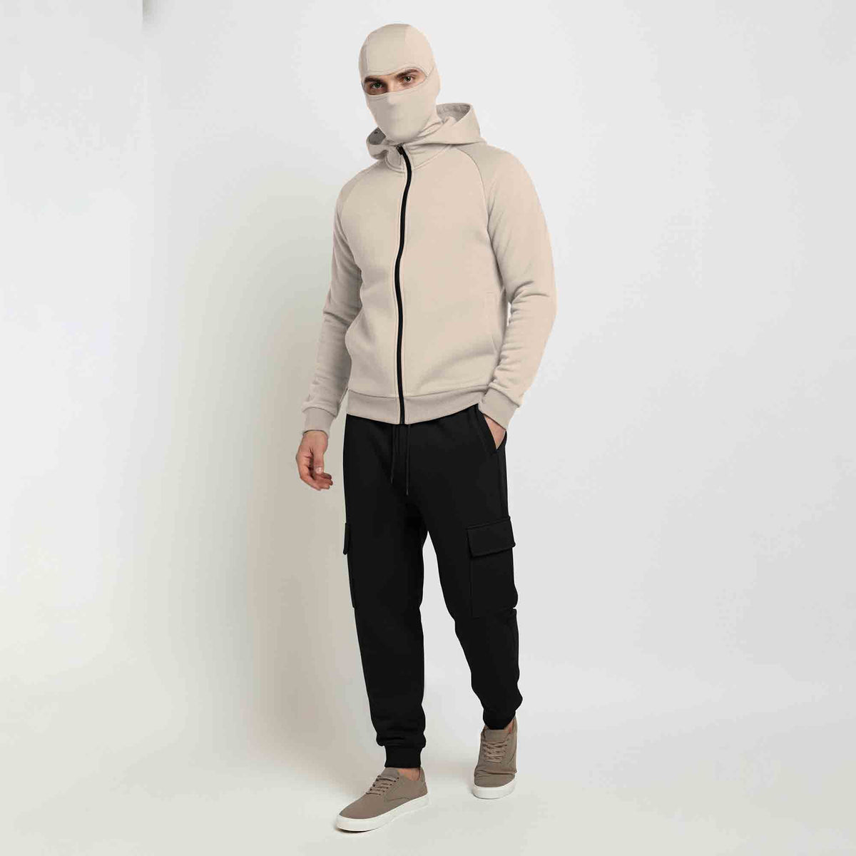 Tracksuit For Winter Mask Beige Jacket - Plain Black Cargo Pant