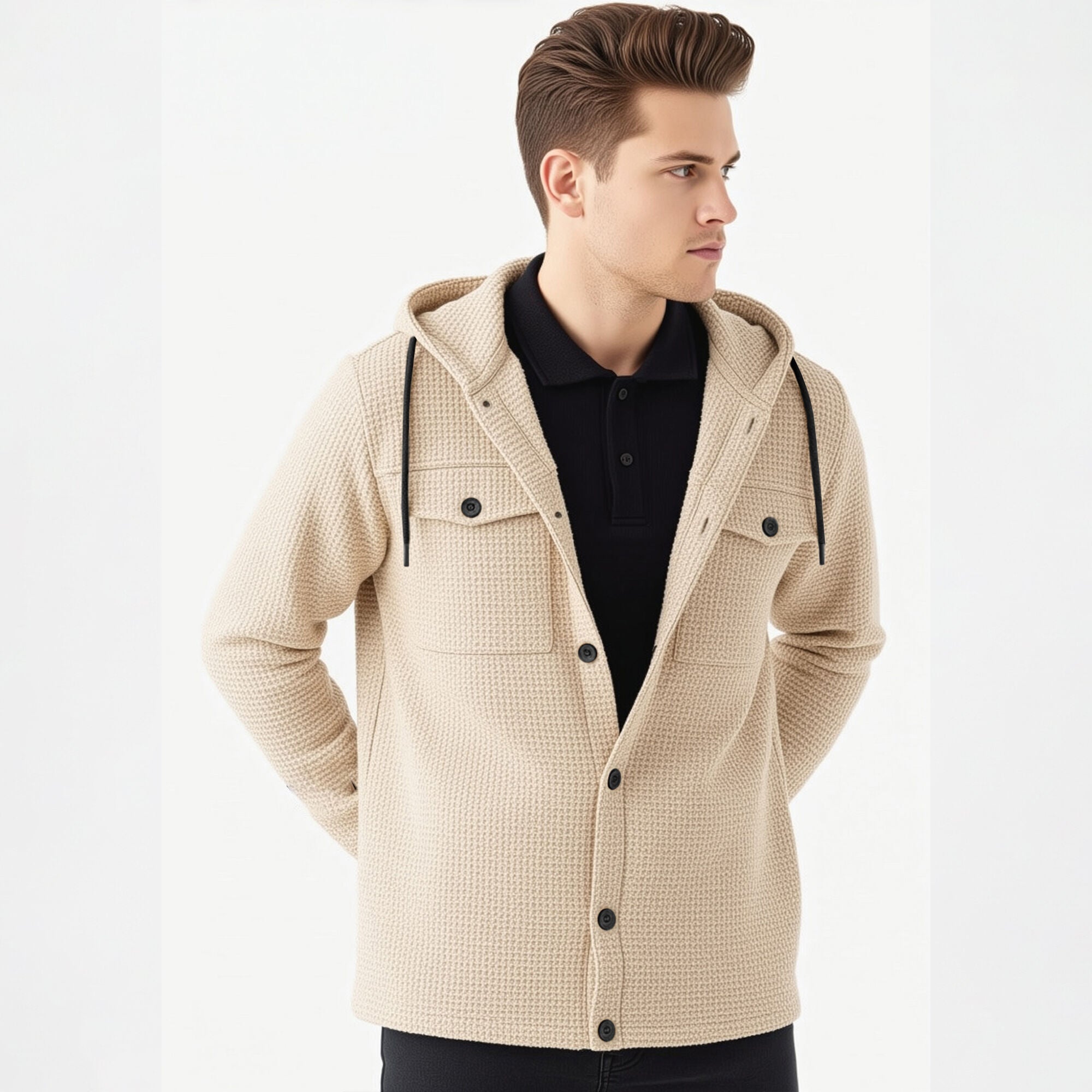 Men Smart Casual Double Pocket Full Sleeve Hooded Beige Textured Shirt