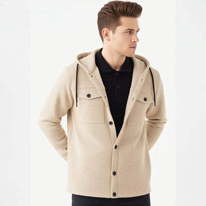Men Smart Casual Double Pocket Full Sleeve Hooded Beige Textured Shirt