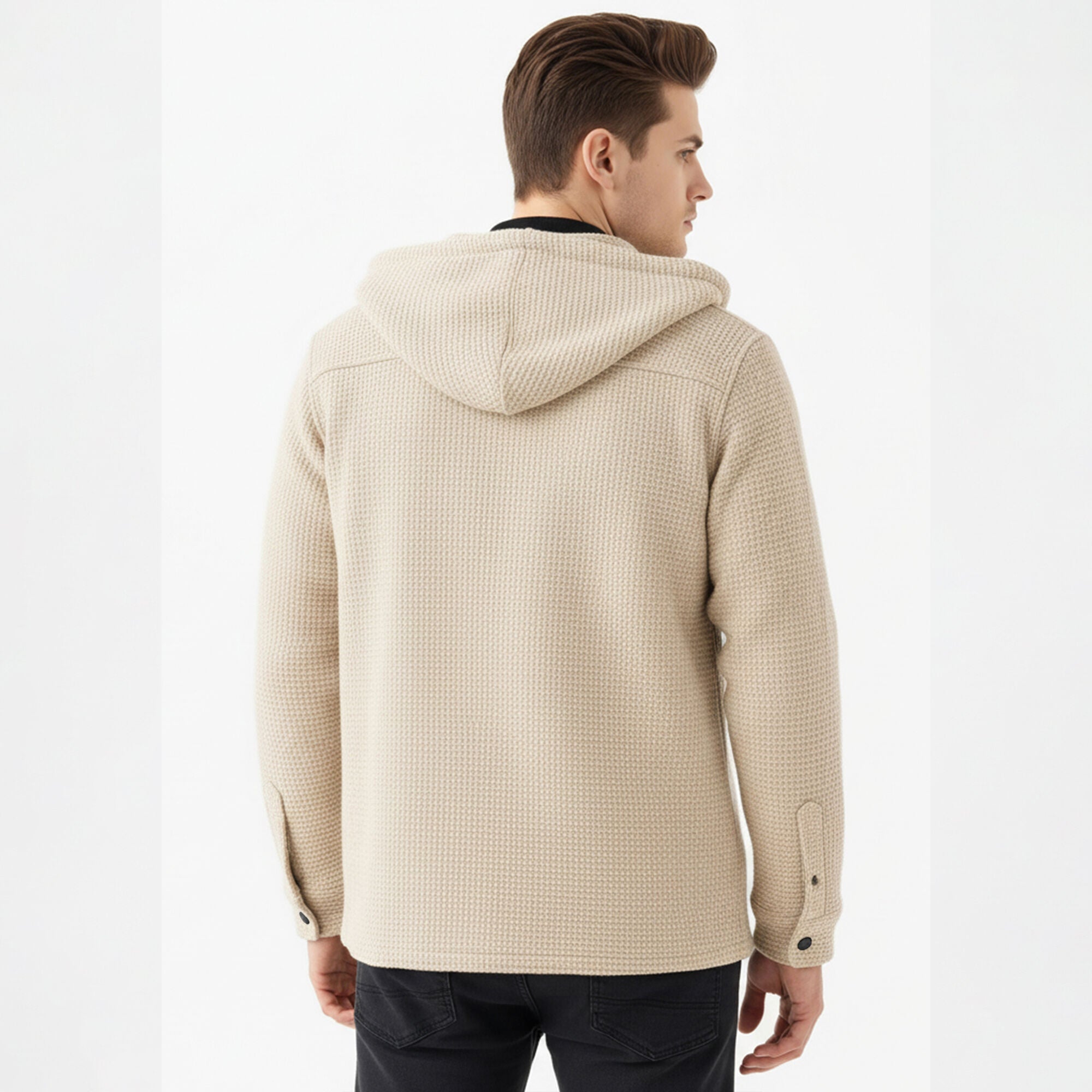 Men Smart Casual Double Pocket Full Sleeve Hooded Beige Textured Shirt
