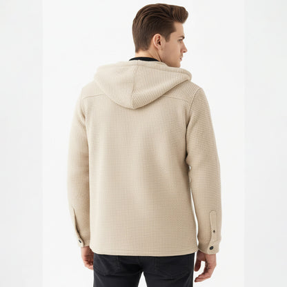 Men Smart Casual Double Pocket Full Sleeve Hooded Beige Textured Shirt