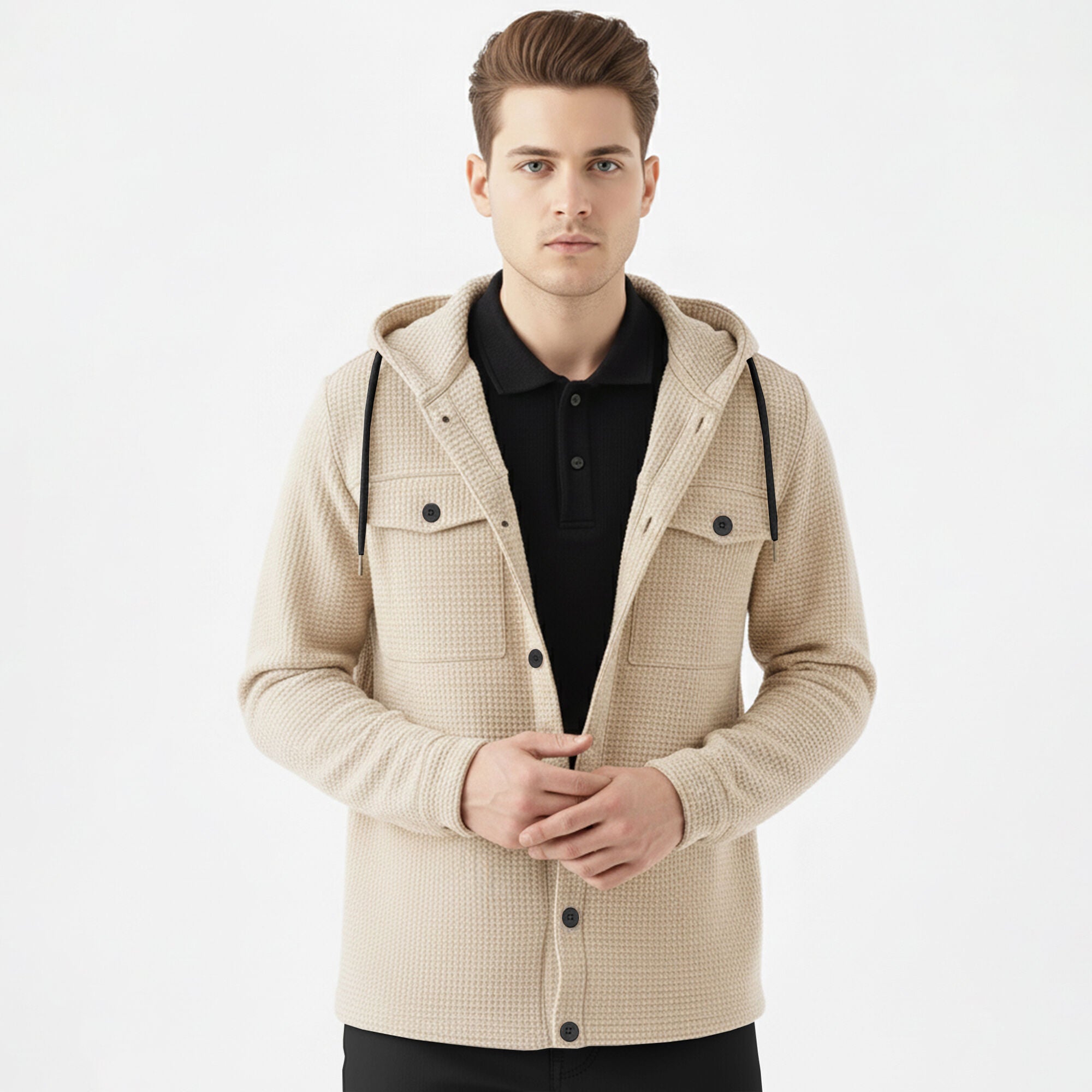 Men Smart Casual Double Pocket Full Sleeve Hooded Beige Textured Shirt