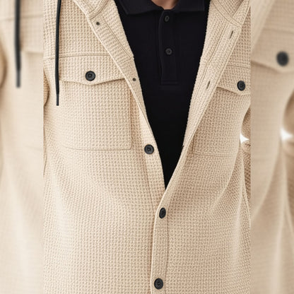 Men Smart Casual Double Pocket Full Sleeve Hooded Beige Textured Shirt