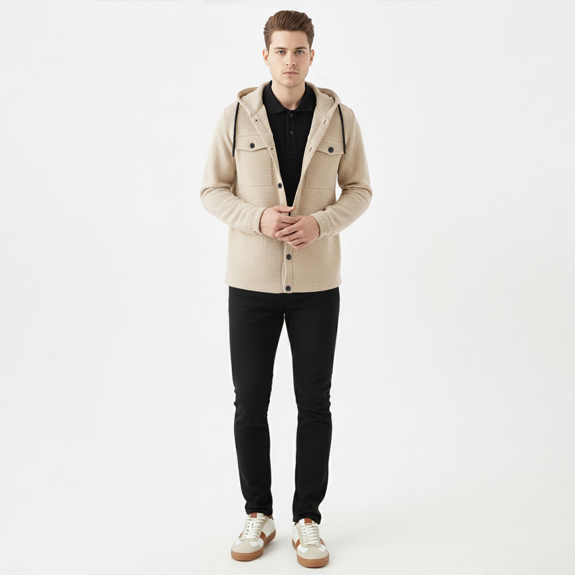 Men Smart Casual Double Pocket Full Sleeve Hooded Beige Textured Shirt