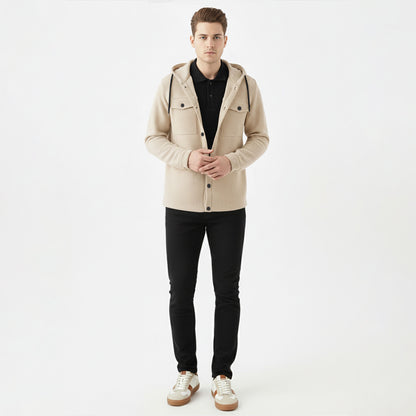 Men Smart Casual Double Pocket Full Sleeve Hooded Beige Textured Shirt