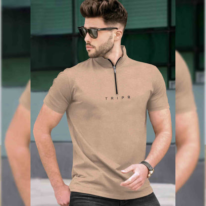 Men High Neck Zipper Half Sleeve T-shirt with 8 Colors
