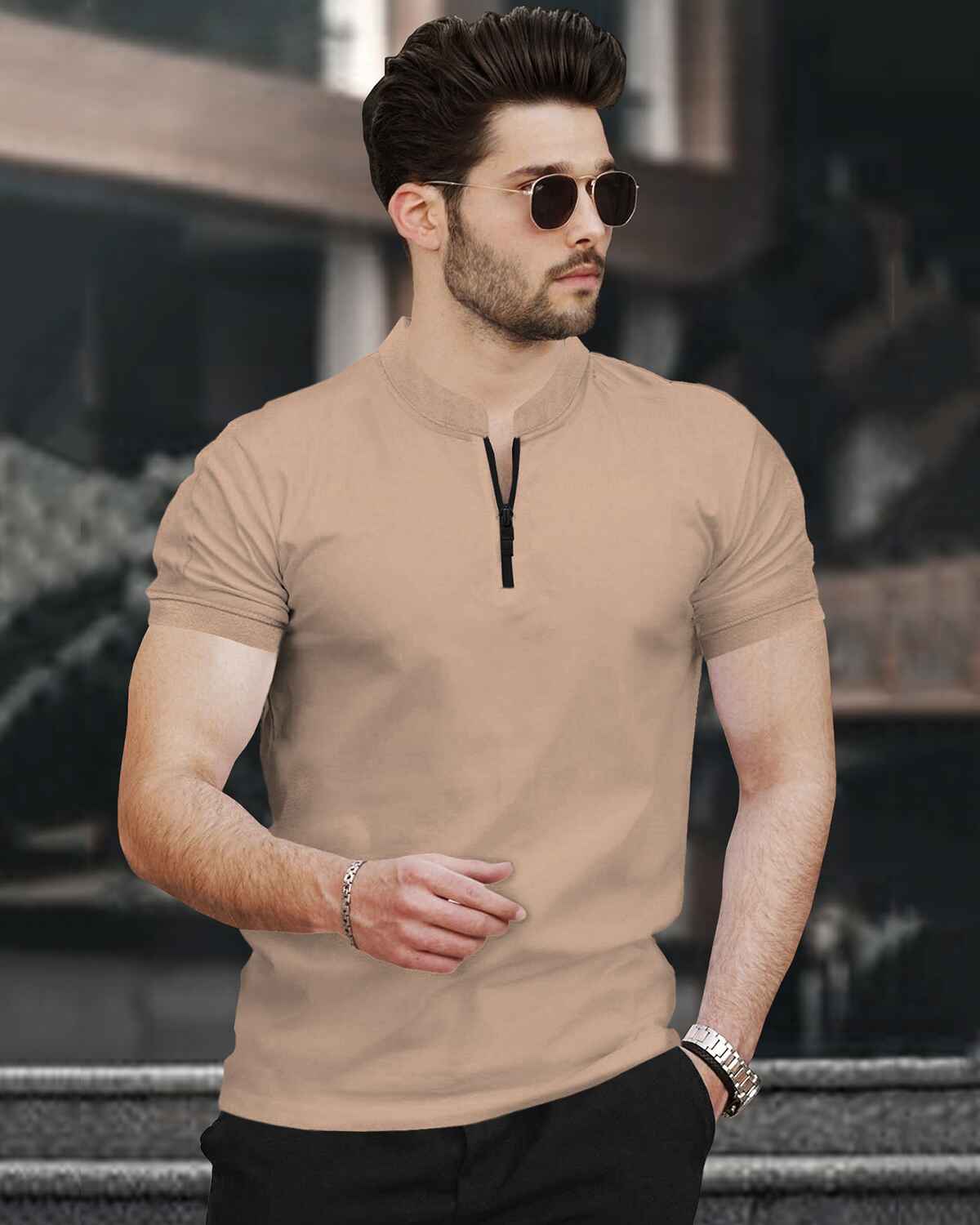 Half Sleeve Henley Neck Zip Type Plain Beige T-shirt