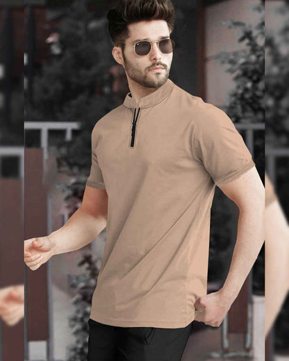 Half Sleeve Henley Neck Zip Type Plain Beige T-shirt