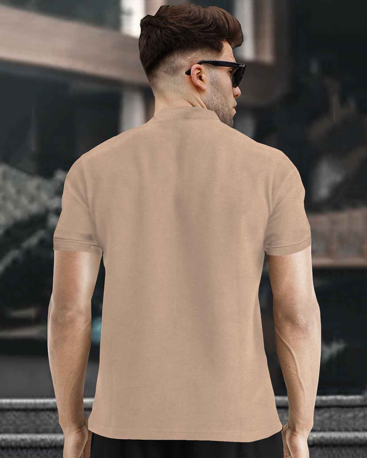 Half Sleeve Henley Neck Zip Type Plain Beige T-shirt
