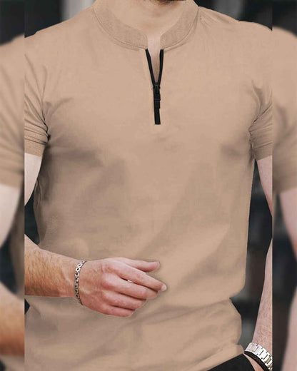 Half Sleeve Henley Neck Zip Type Plain Beige T-shirt