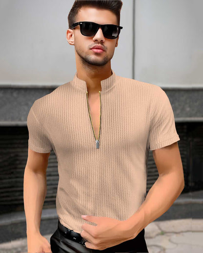 Men Half Sleeve Solid Henley Neck Cotton Blend T-Shirt Beige