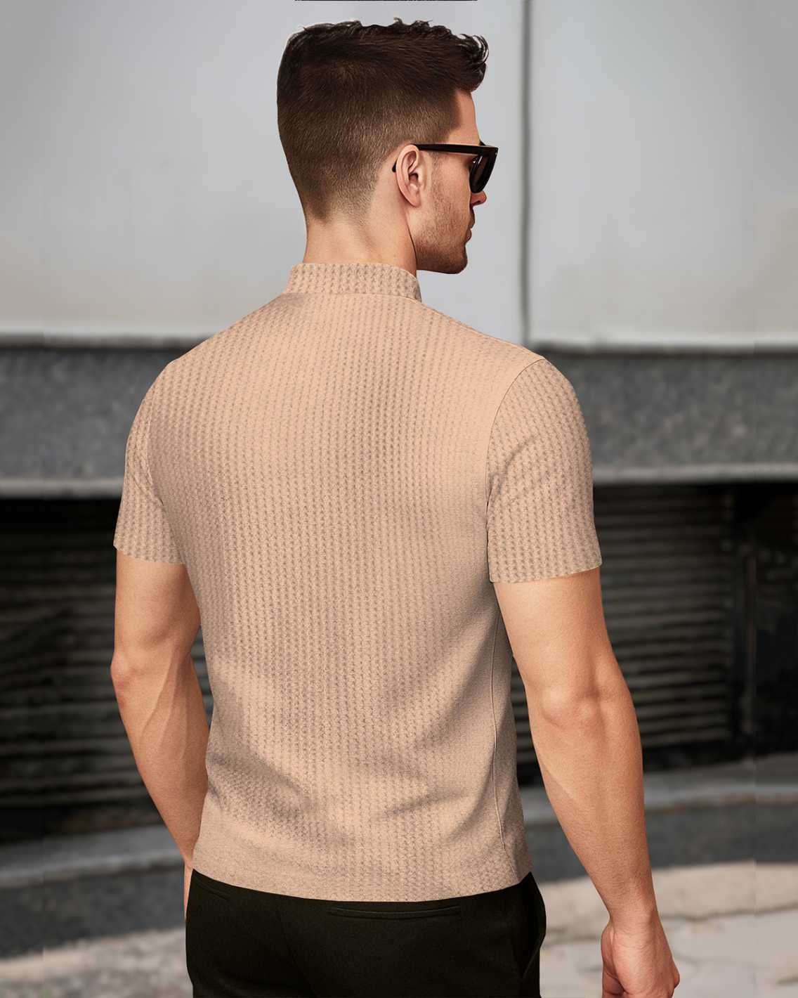 Men Half Sleeve Solid Henley Neck Cotton Blend T-Shirt Beige