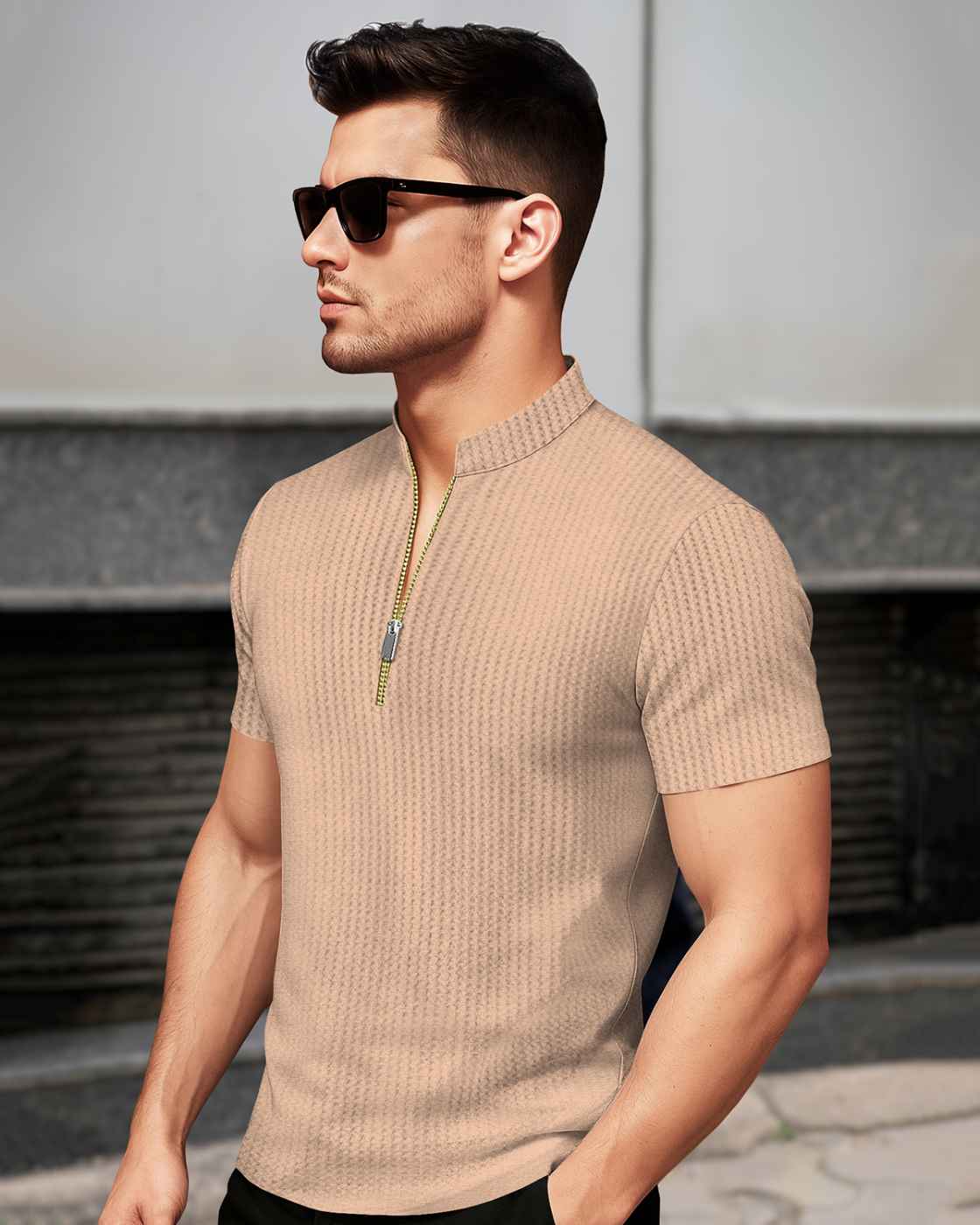Men Half Sleeve Solid Henley Neck Cotton Blend T-Shirt Beige