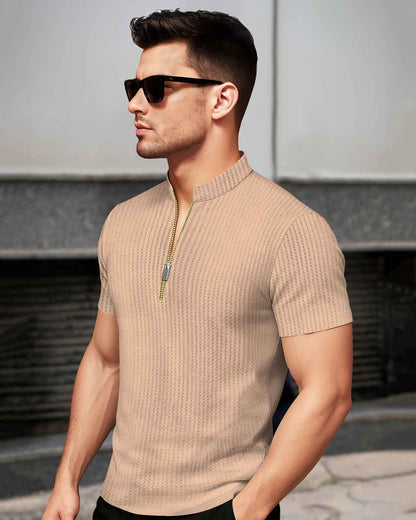 Men Half Sleeve Solid Henley Neck Cotton Blend T-Shirt Beige