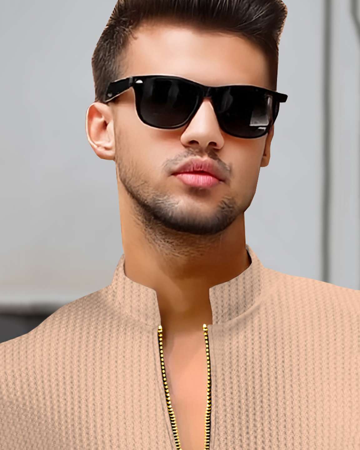 Men Half Sleeve Solid Henley Neck Cotton Blend T-Shirt Beige