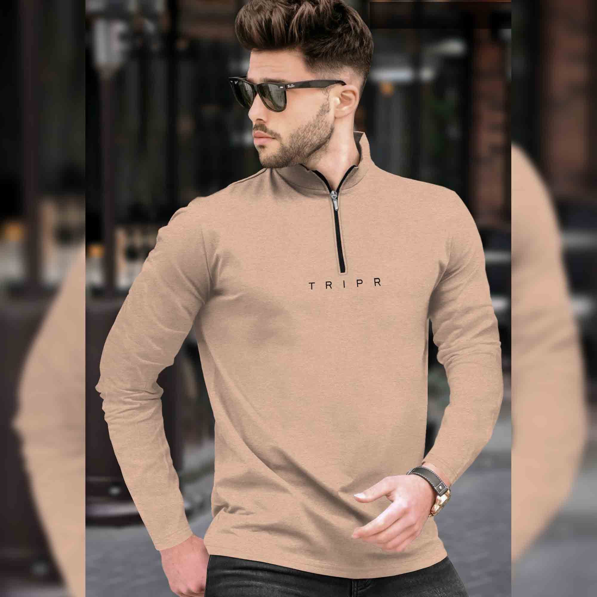Men Solid Zip Neck Beige T-Shirt