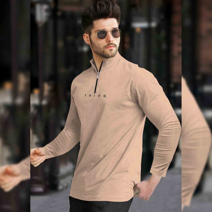 Men Solid Zip Neck Beige T-Shirt