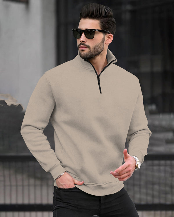 Men Plain Zipper High Neck Casual Sweatshirt / Beige