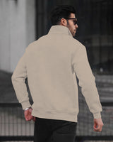 Men Plain Zipper High Neck Casual Sweatshirt / Beige