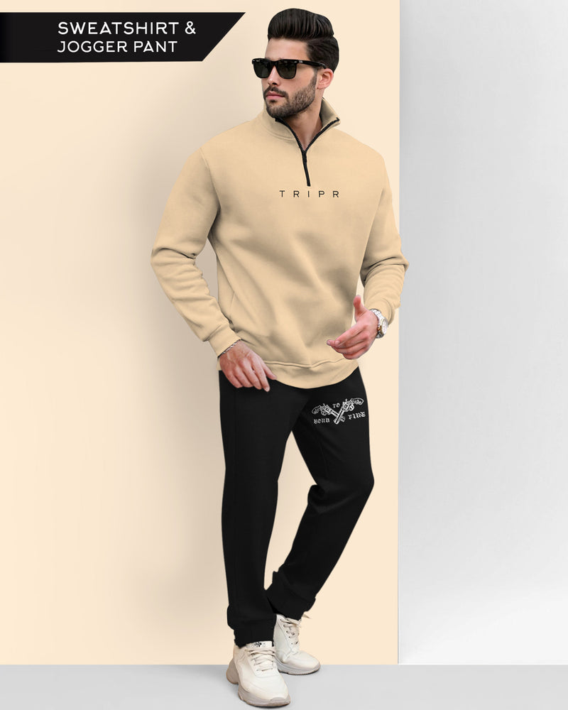 Winter Tracksuit - Beige Sweatshirt & Black Track Pant