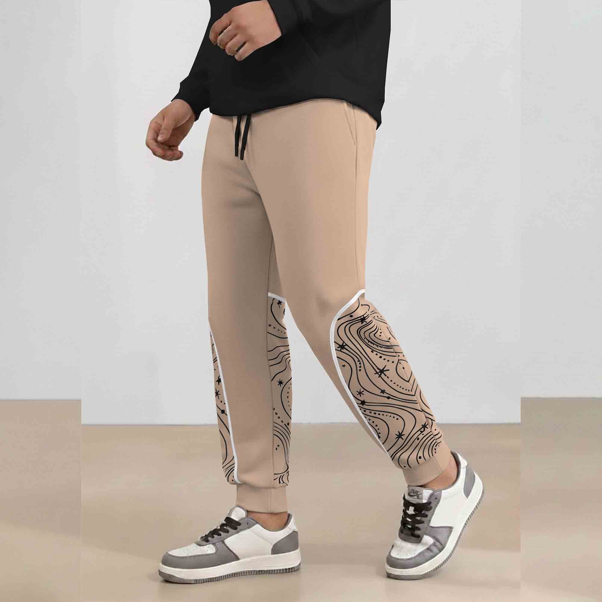Men's Ankle Deisgn Printed Beige Jogger Track Pant